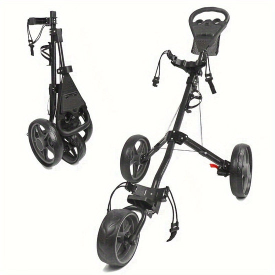 1pc 3 Wheel Foot Brake Golf Push Cart  Adjustable Handle Foldable Black Golf Push Trolley Lightweight Aluminum Frame Golf Trolley with Water Bottle Holder Best for Christmas