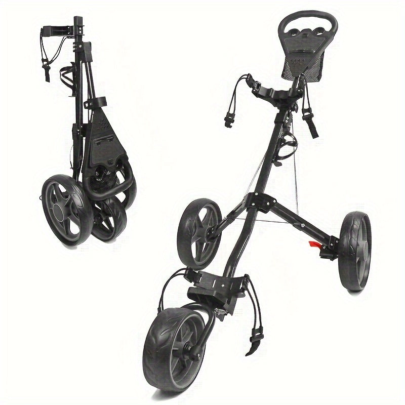 1pc 3 Wheel Foot Brake Golf Push Cart  Adjustable Handle Foldable Black Golf Push Trolley Lightweight Aluminum Frame Golf Trolley with Water Bottle Holder Best for Christmas