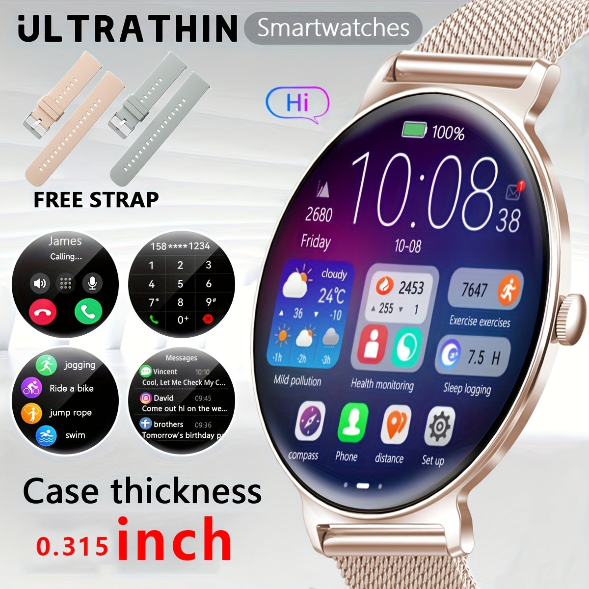 UltraThin Smart Watch for Men  Women  57 Day Battery  Wireless Calling  100 Sports Modes